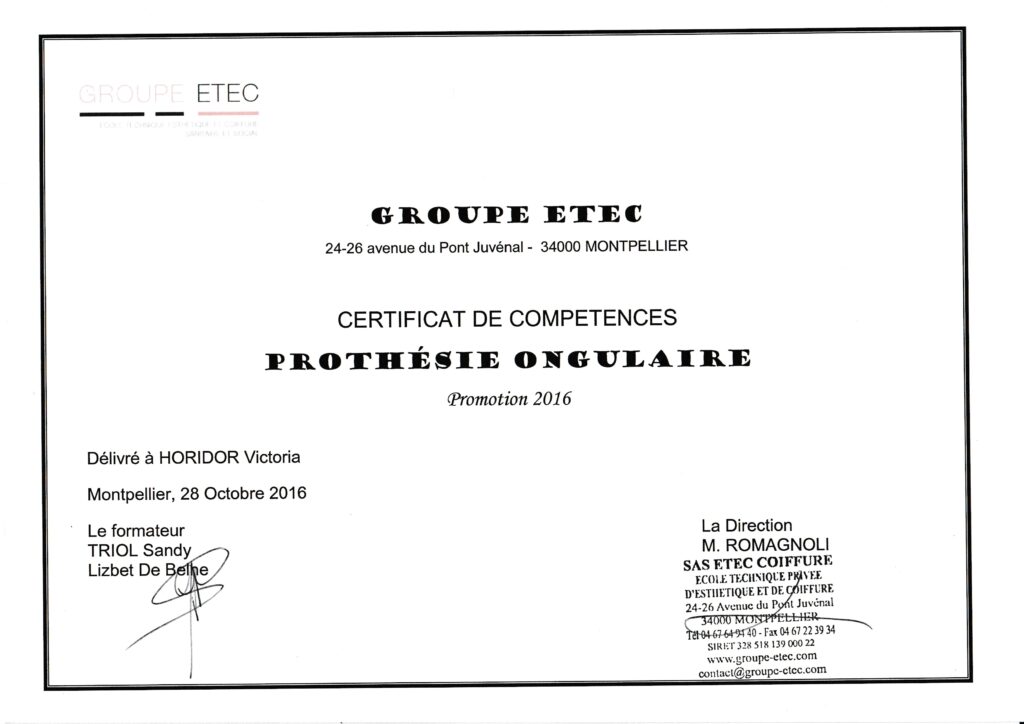 DIPLOME Prothésie Ongulaire